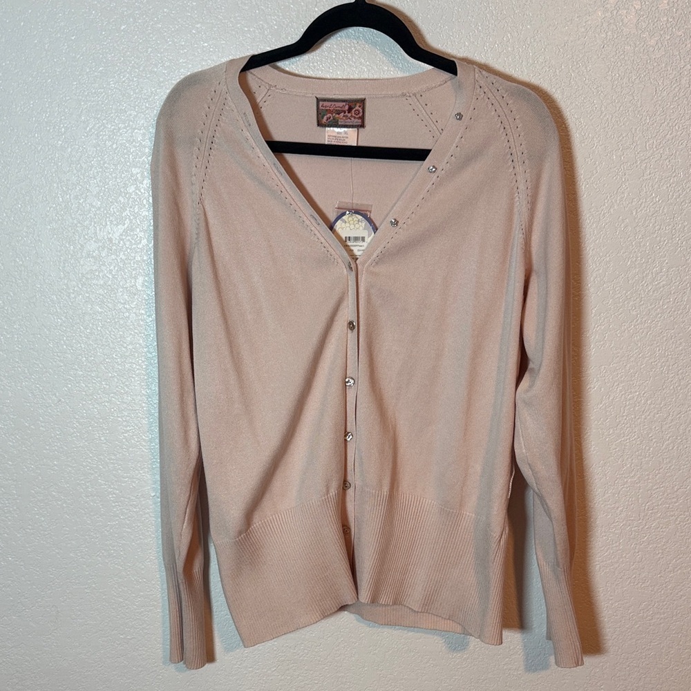 April Cornell Peach Occasion Cardigan Mother of Pearl Rhinestone Buttons Size XL